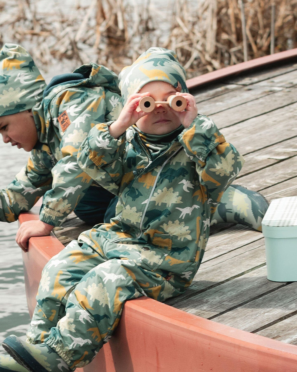 Baby Mid-Season One-Piece Outerwear With Hat Green Dinosaur Print