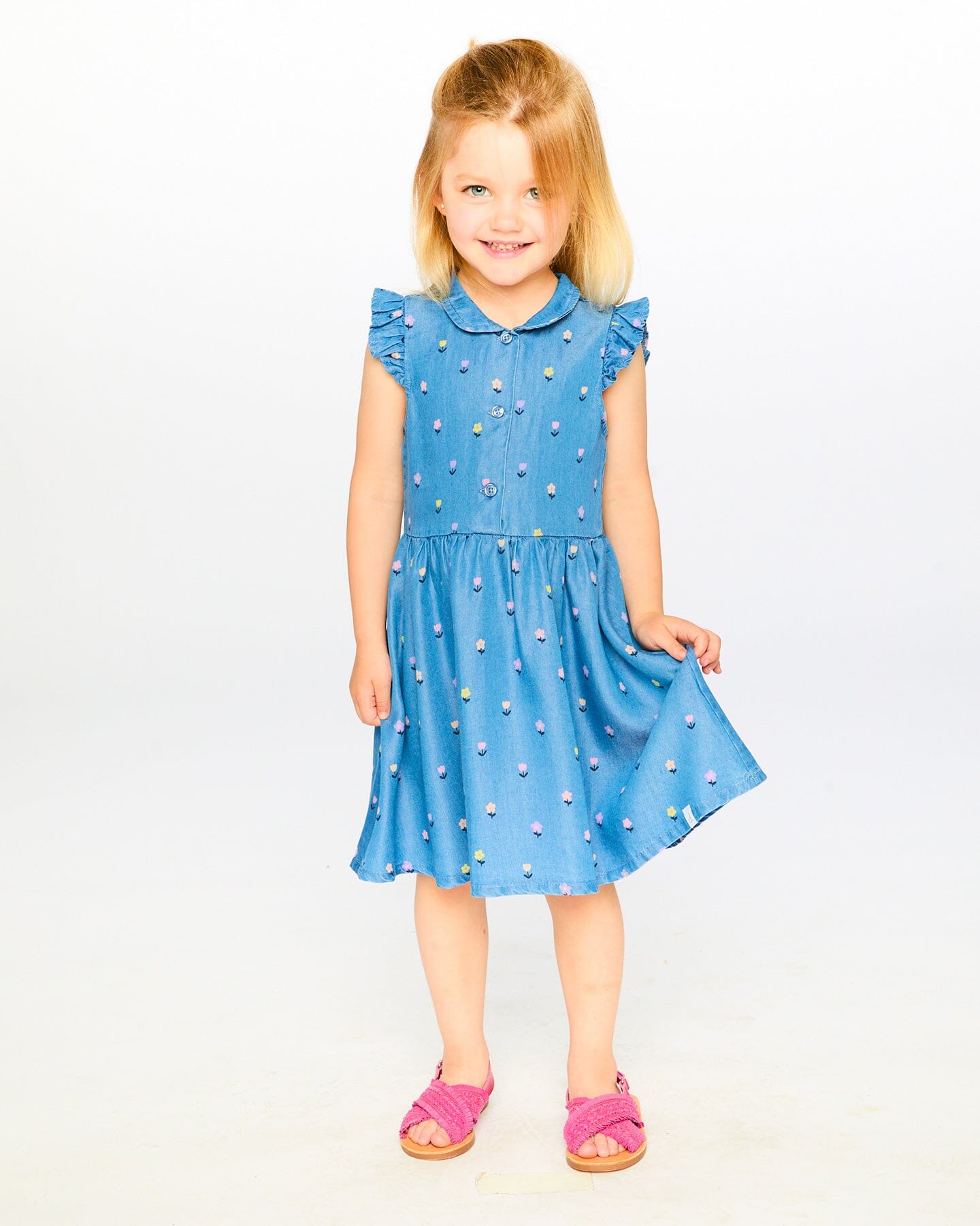 Sleeveless Button Down Dress Blue Flower Print