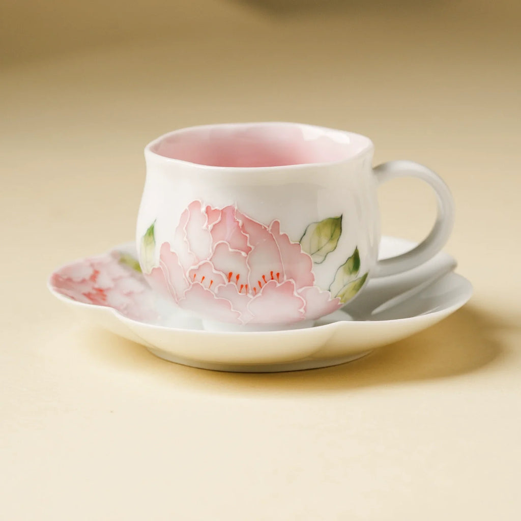 Hand-Painted Peony Porcelain Teacup & Saucer Set – Elegant Floral Ceramic Cup for Tea or Coffee