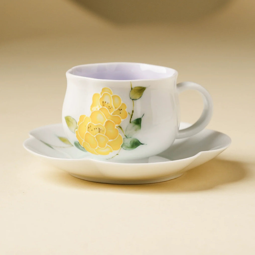 Hand-Painted Yellow Peony Porcelain Teacup & Saucer Set – Bright Floral Ceramic Cup for Tea or Coffee