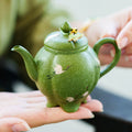 Crane Green Glaze Teapot — Handcrafted Zisha Pot with Enamel Butterfly Lid