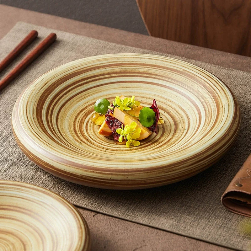 Handcrafted Spiral Stoneware Plate – Shallow Round Dish for Pasta or Salad