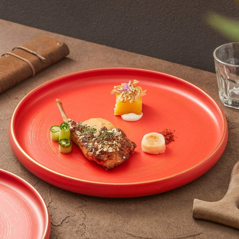 Handcrafted Matte Ceramic Plate with Raised Rim – Gold-Brushed Finish