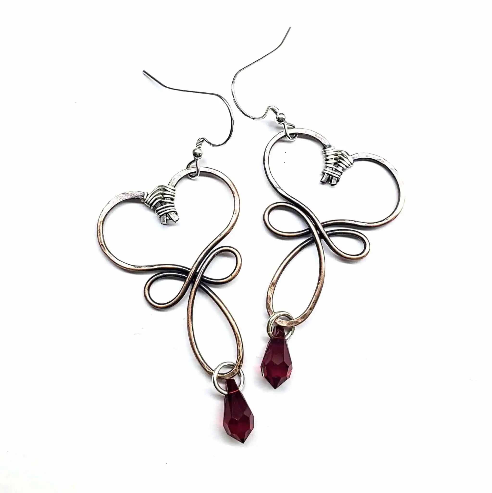 Handmade Copper Wire Sculpted Heart Crystal Drop Earrings