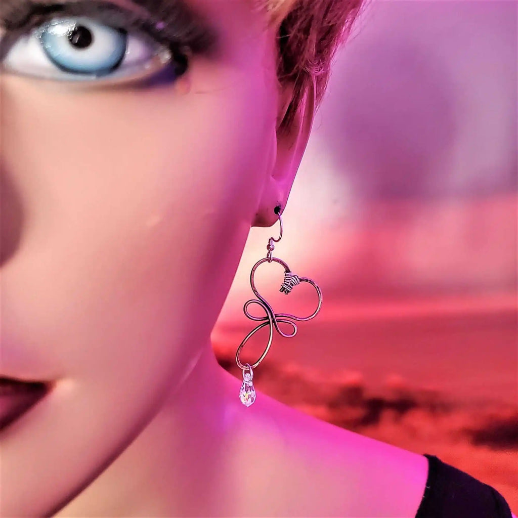 Handmade Copper Wire Sculpted Heart Crystal Drop Earrings