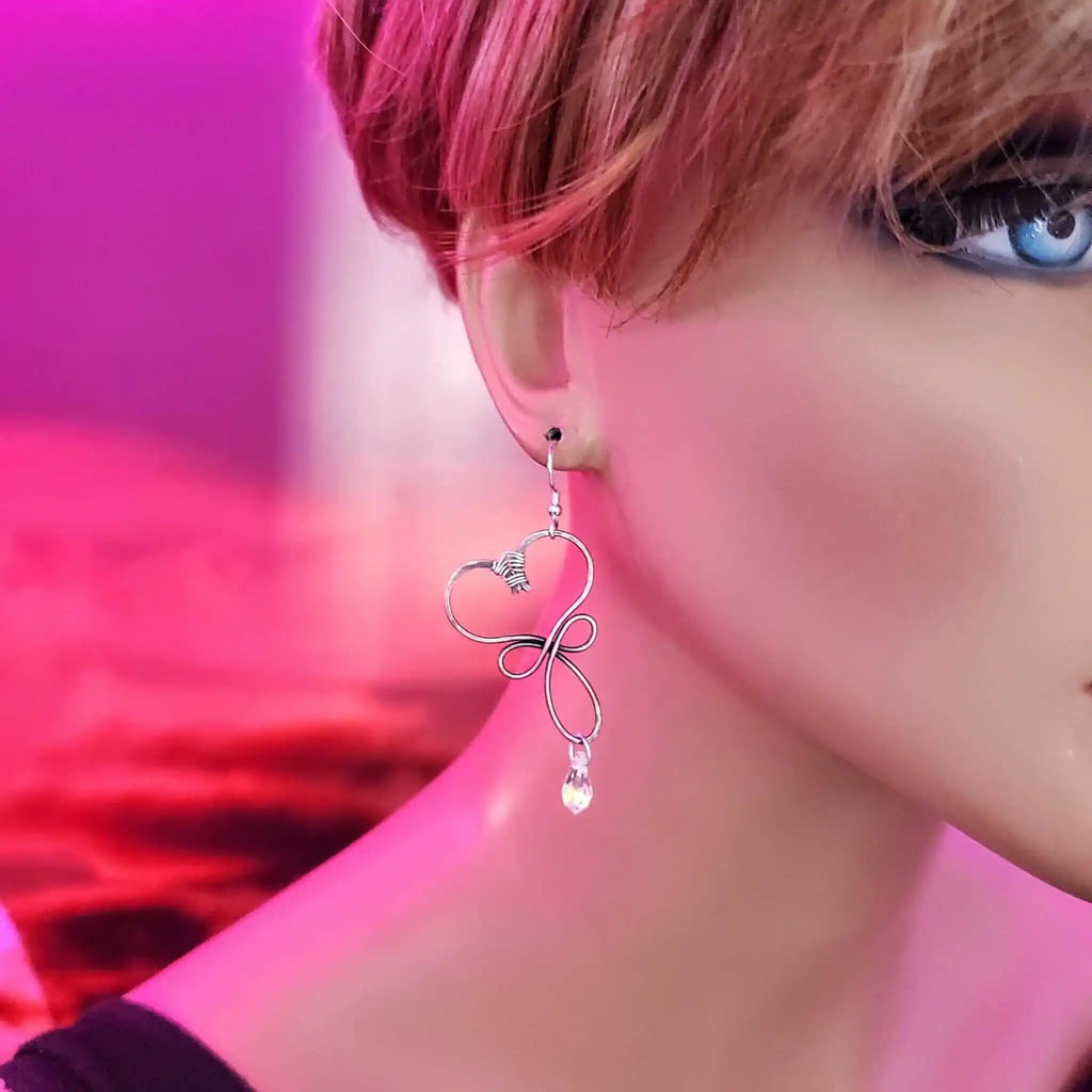 Handmade Copper Wire Sculpted Heart Crystal Drop Earrings
