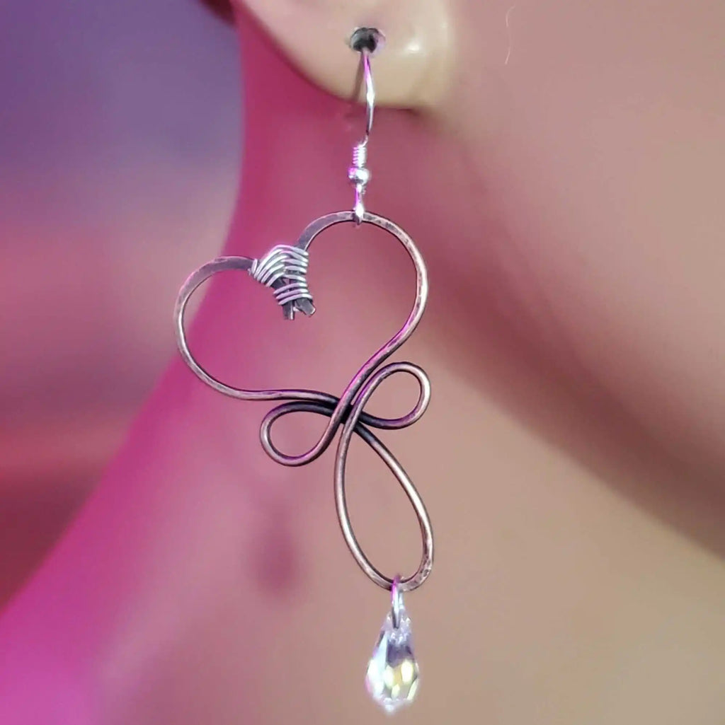 Handmade Copper Wire Sculpted Heart Crystal Drop Earrings