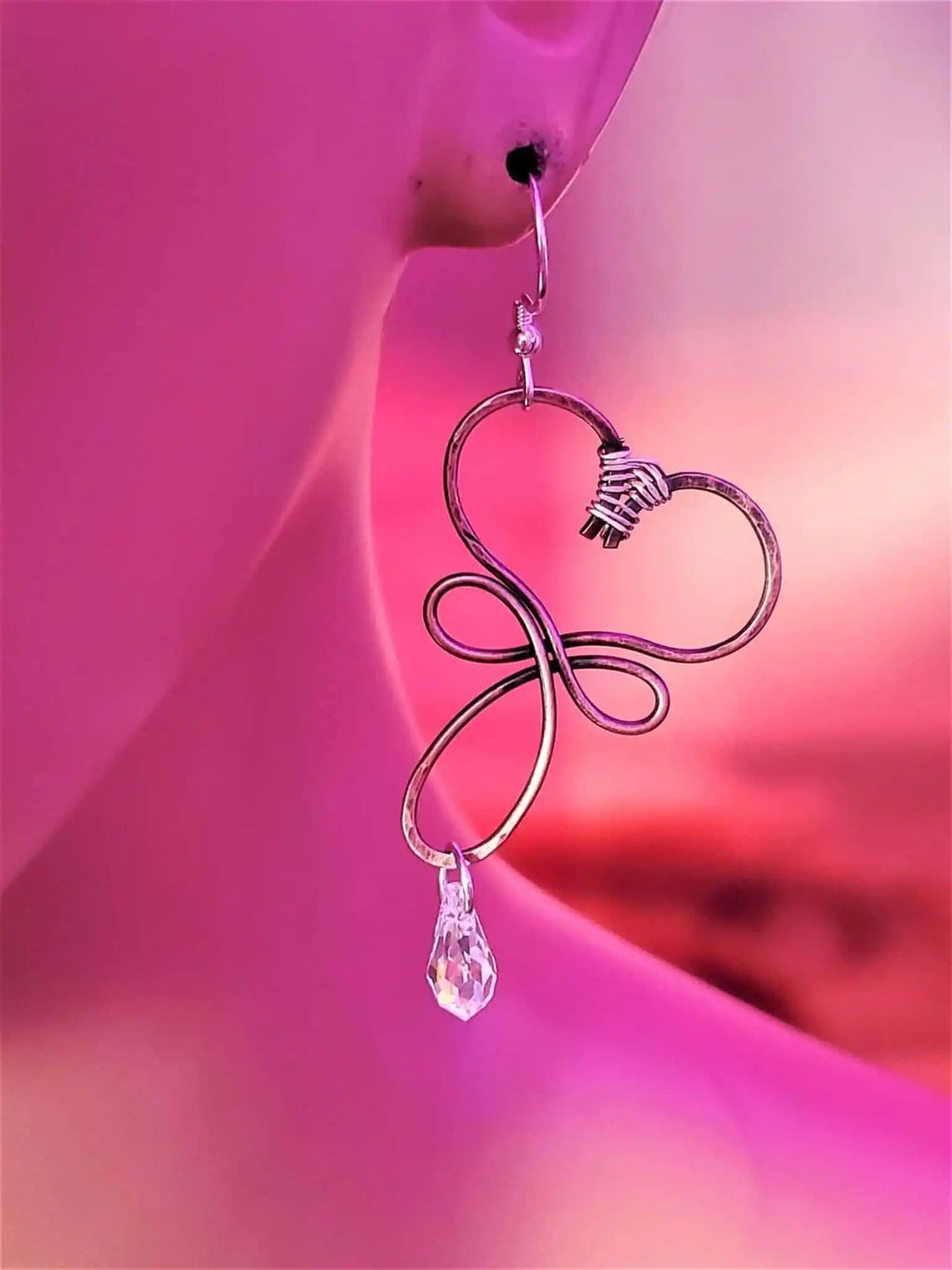 Handmade Copper Wire Sculpted Heart Crystal Drop Earrings