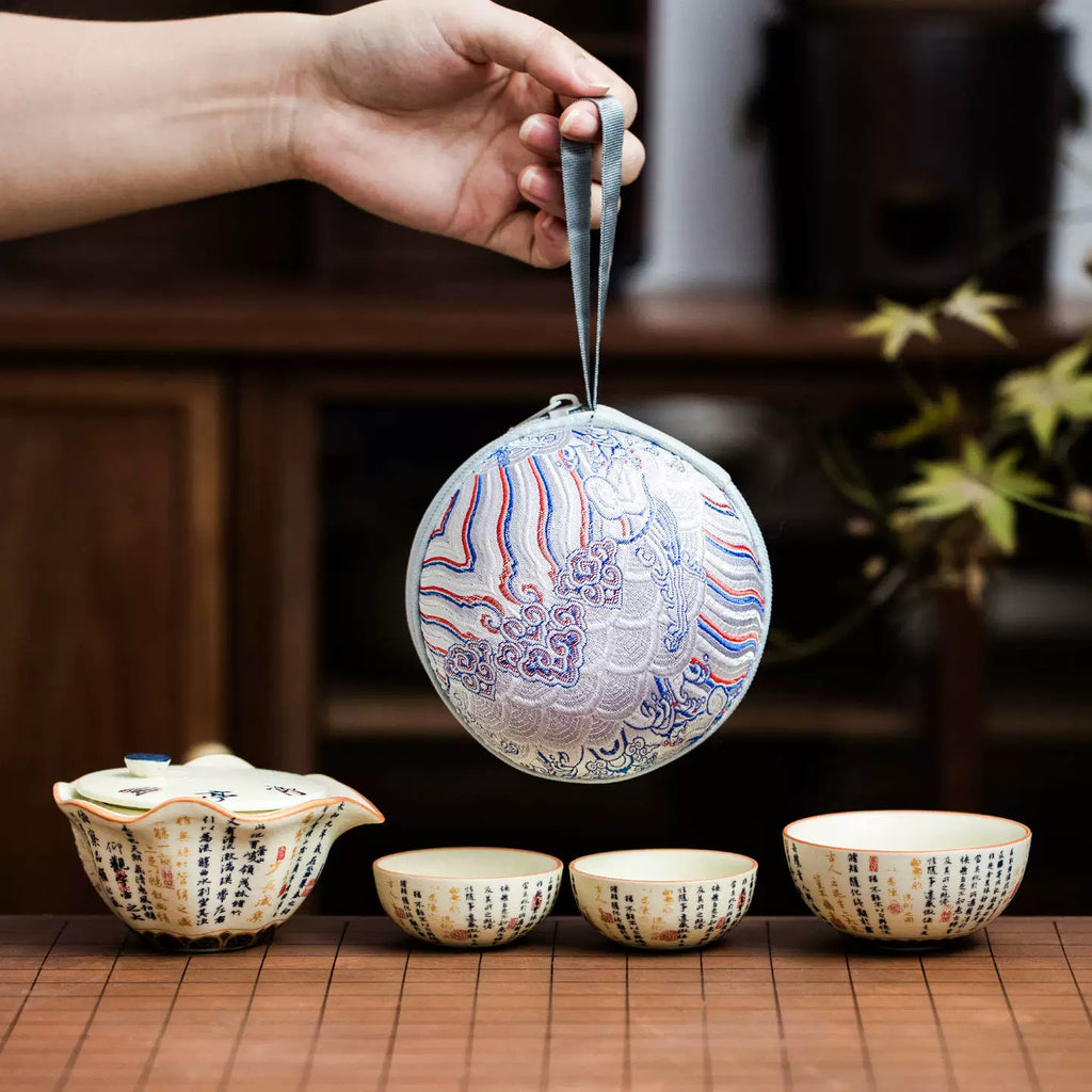Portable Travel Tea Set – Yanmian White Porcelain with Calligraphy & Lotus Design