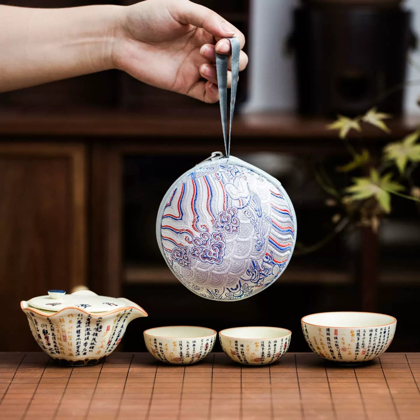 Portable Travel Tea Set – Yanmian White Porcelain with Calligraphy & Lotus Design