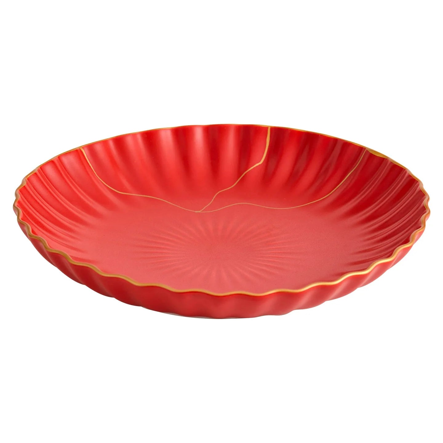 Luxury Red Ceramic Salad Bowl – Elegant Wave Edge with Golden Detailing