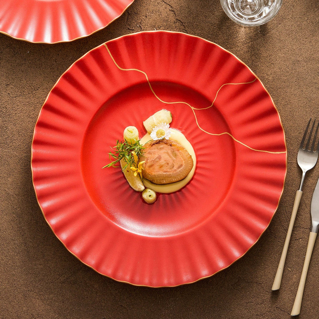 Luxury Red Ceramic Dinner Plate with Golden Veins – Elegant Dining Collection