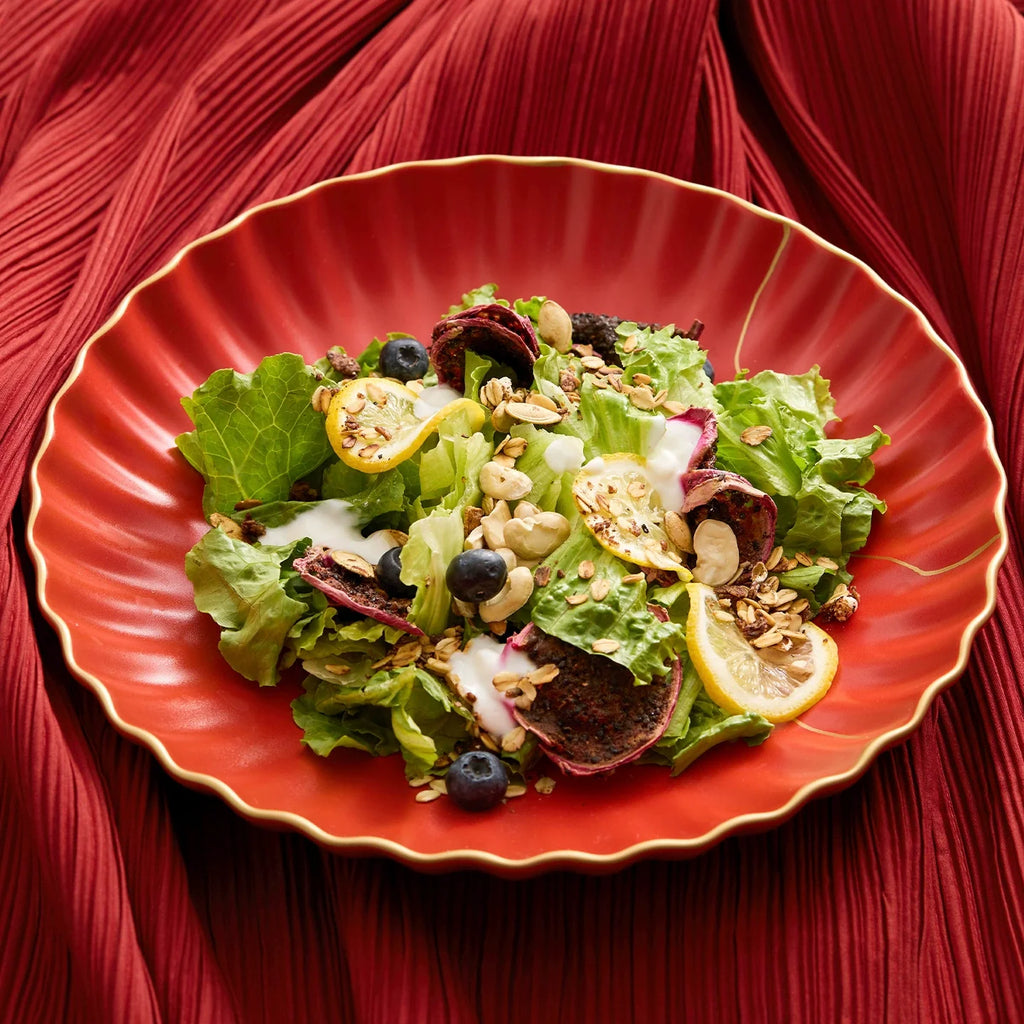 Luxury Red Ceramic Salad Bowl – Elegant Wave Edge with Golden Detailing