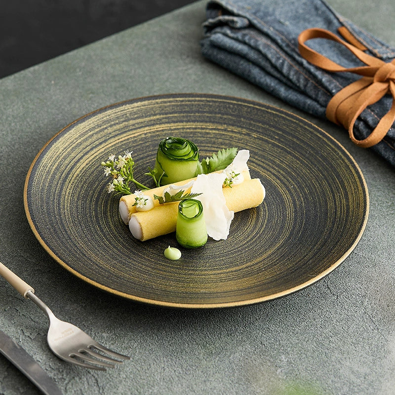 Luxury Black & Gold Ceramic Dinner Plate – Wujin Sand Textured Matte Glaze Fine Dining Tableware
