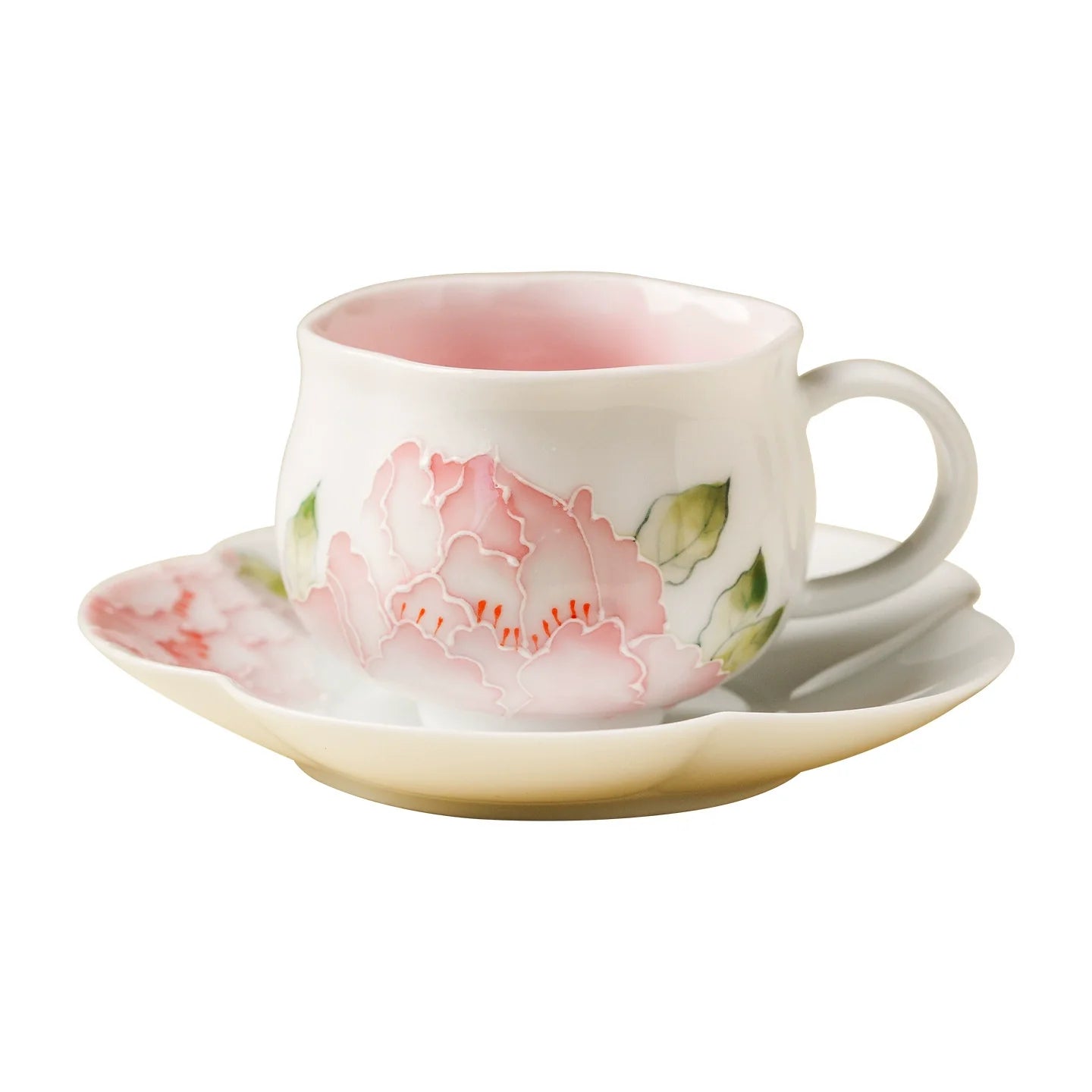 Hand-Painted Peony Porcelain Teacup & Saucer Set – Elegant Floral Ceramic Cup for Tea or Coffee