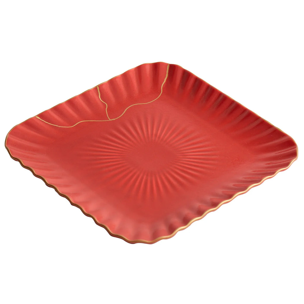 Red Vermilion Glazed Porcelain Square Plate – Kintsugi Design Series