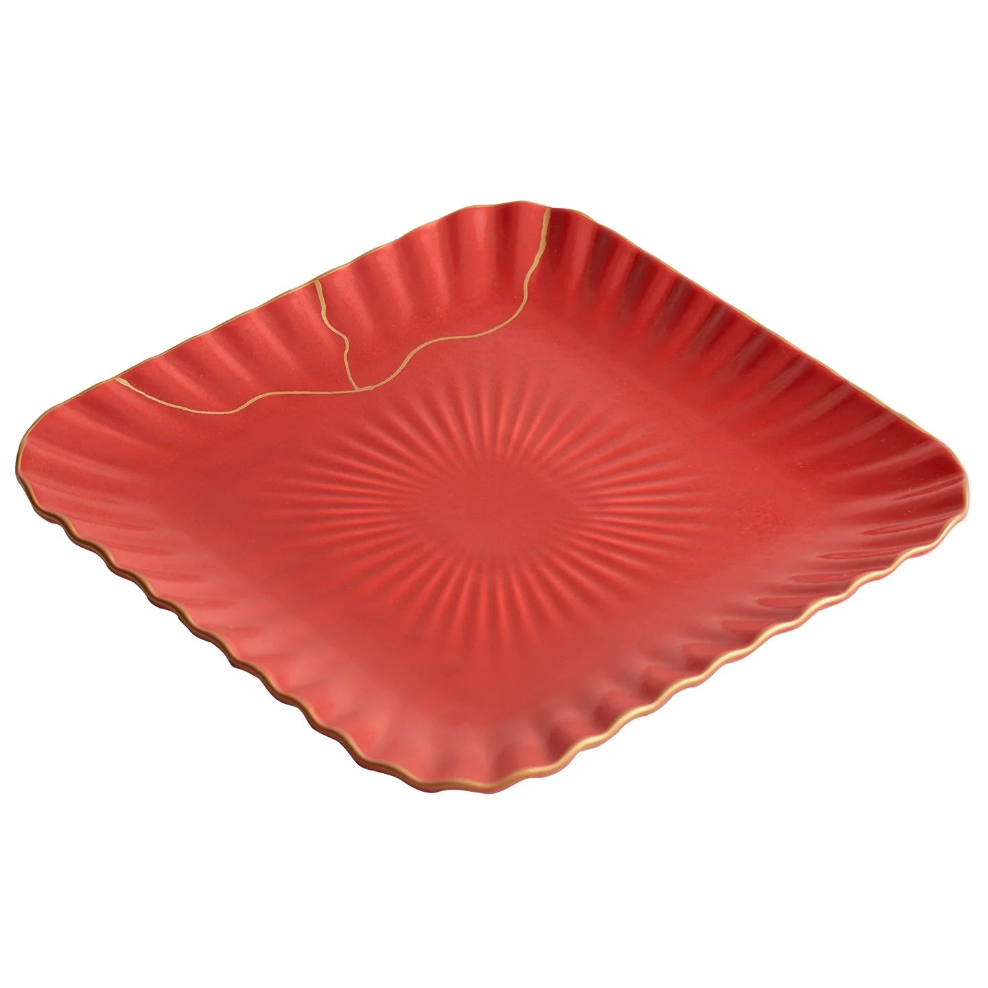 Red Vermilion Glazed Porcelain Square Plate – Kintsugi Design Series
