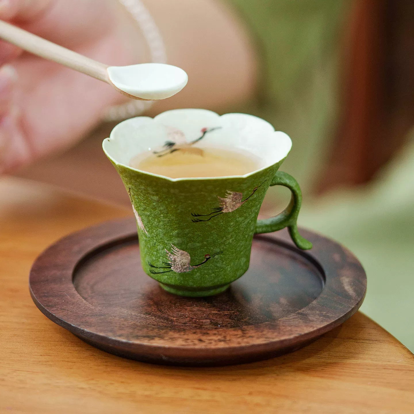Crane Dance Porcelain Teacup — Celadon Green Floral Rim Teacup with Handle | Gift Set Edition