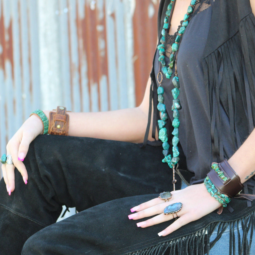 **Wide Dark Leather Cuff with Natural Turquoise Chunks 011y