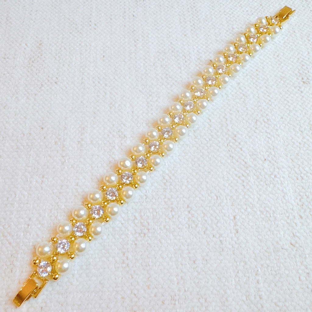Heirloom Pavé Strand- Pearl, Cubic Zirconia &18 KT Gold Plated Bracelet