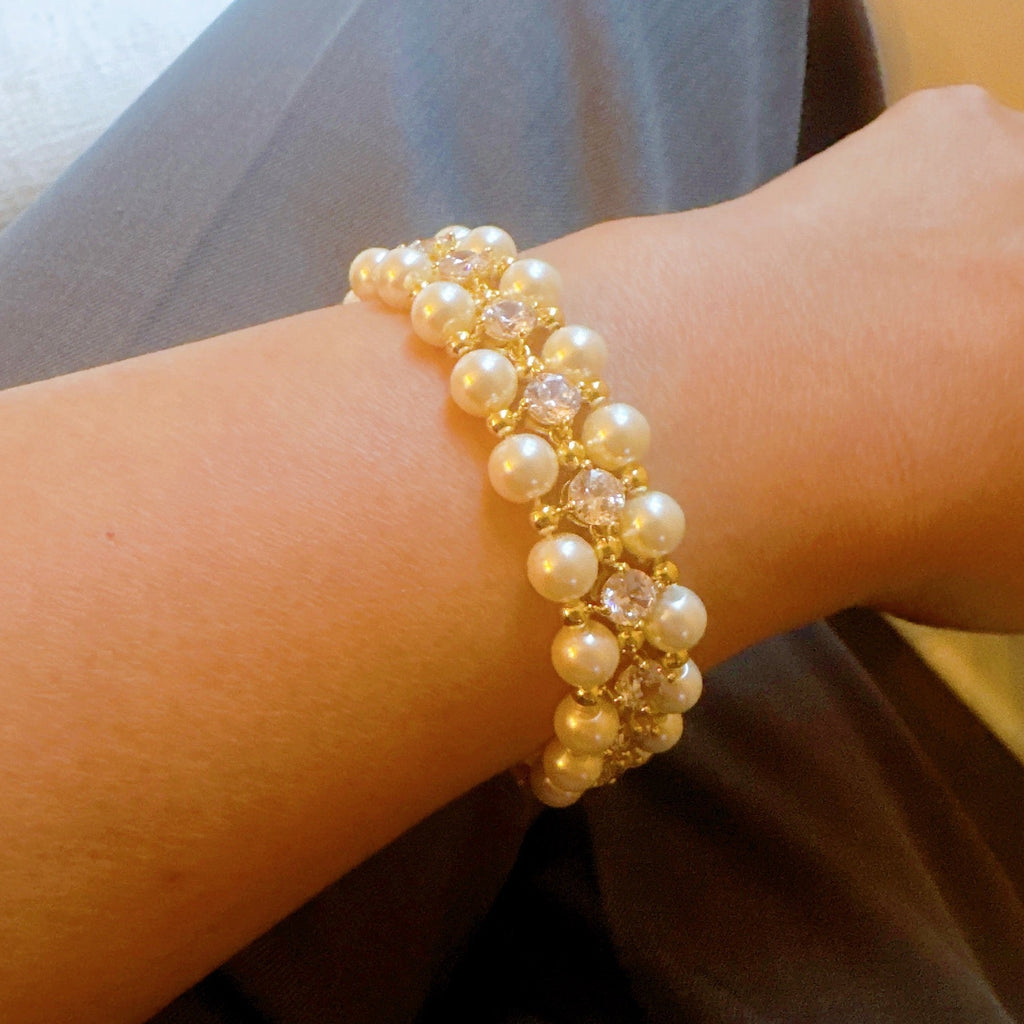 Heirloom Pavé Strand- Pearl, Cubic Zirconia &18 KT Gold Plated Bracelet
