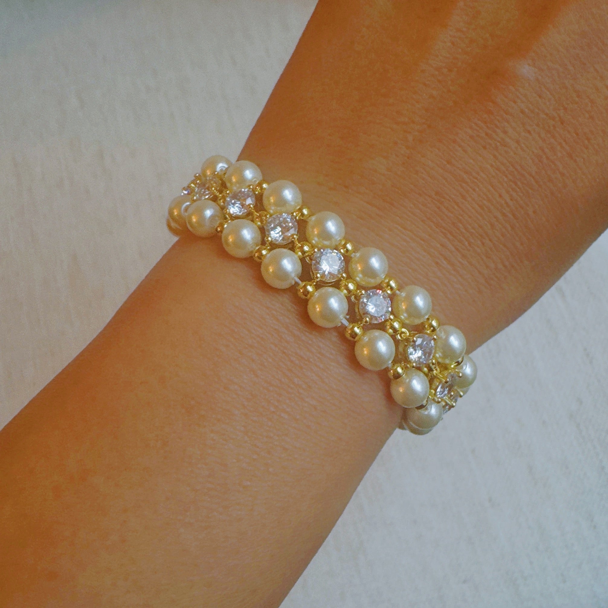 Heirloom Pavé Strand- Pearl, Cubic Zirconia &18 KT Gold Plated Bracelet