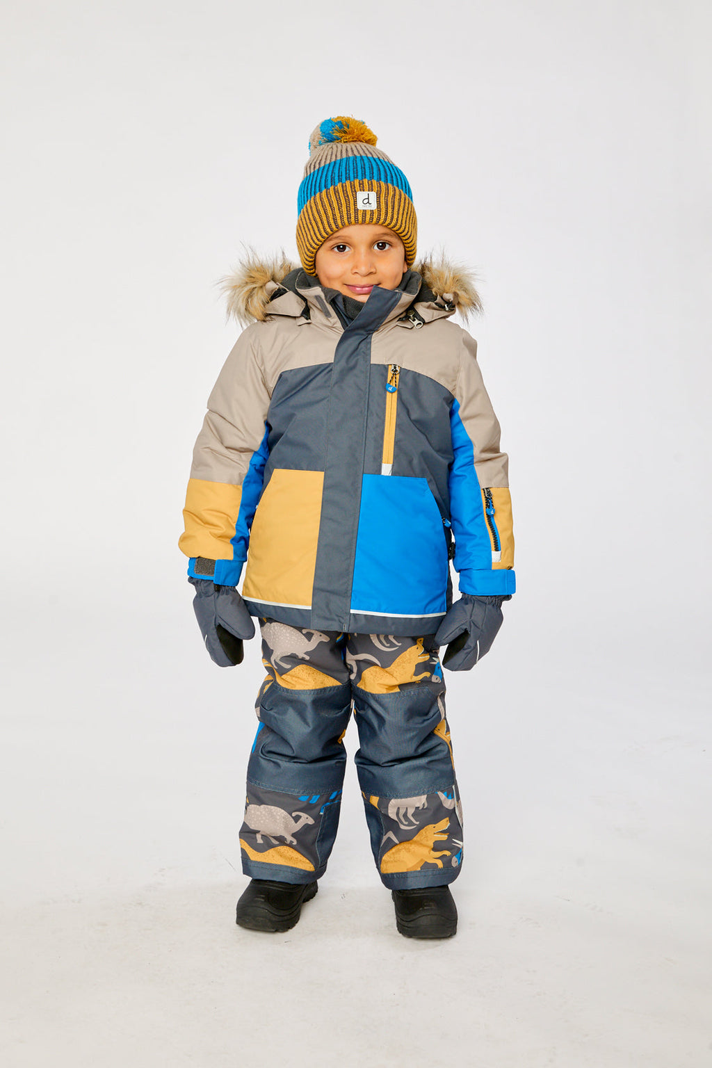 Two Piece Play Snowsuit Colorblock With Grey And Blue Dinosaur Print Pants