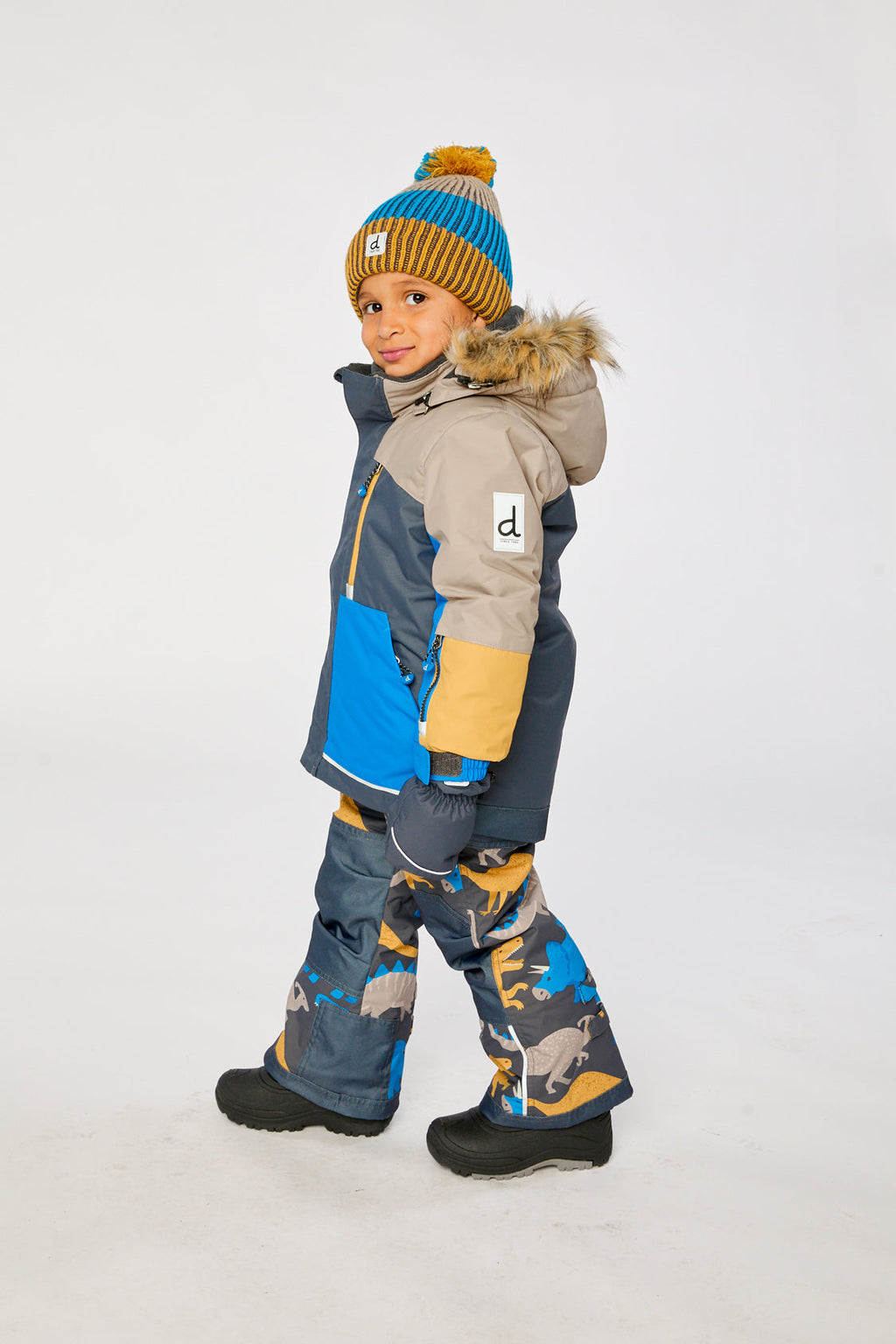 Two Piece Play Snowsuit Colorblock With Grey And Blue Dinosaur Print Pants