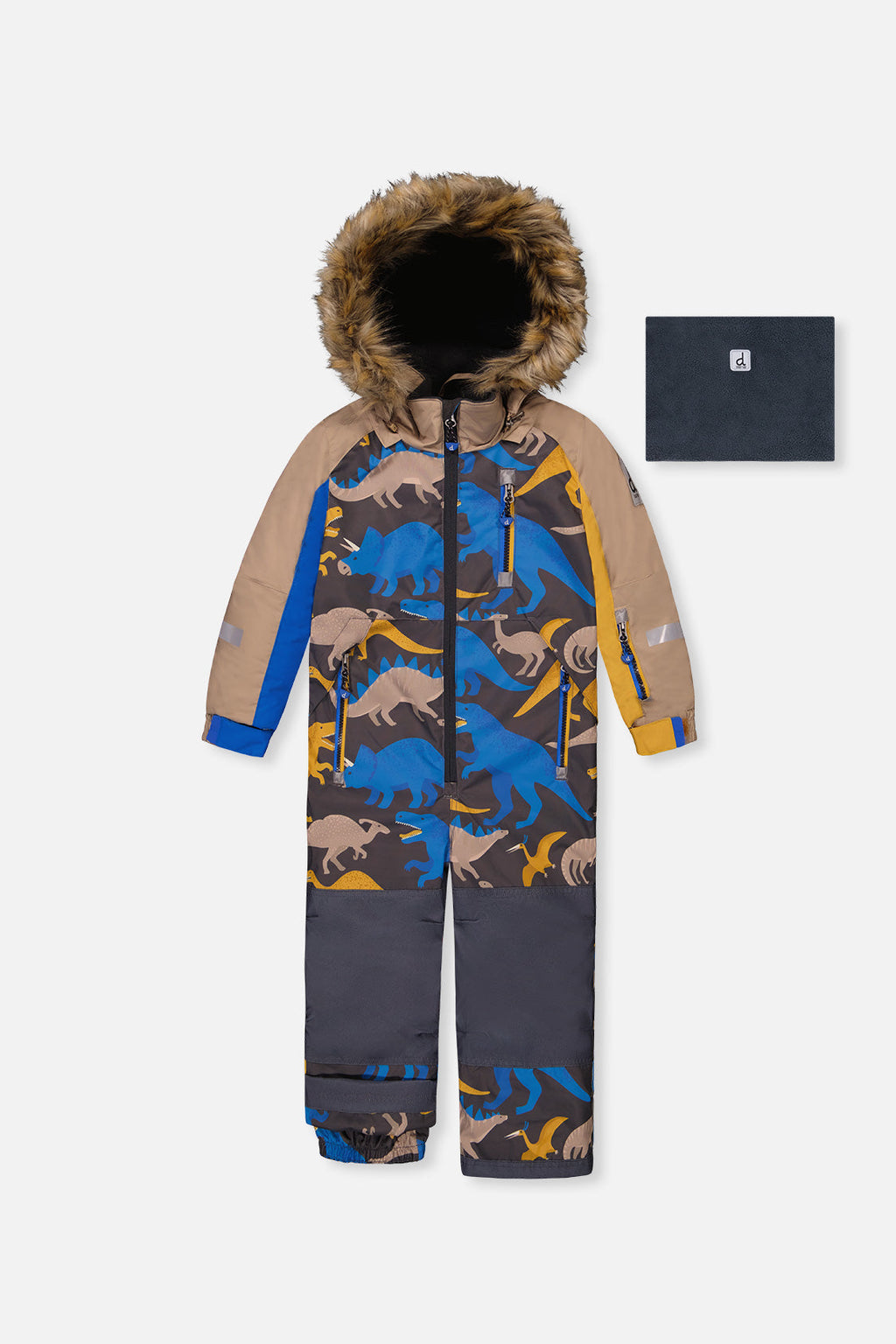Kids One Piece Play Snowsuit Grey And Blue Dinosaur Print