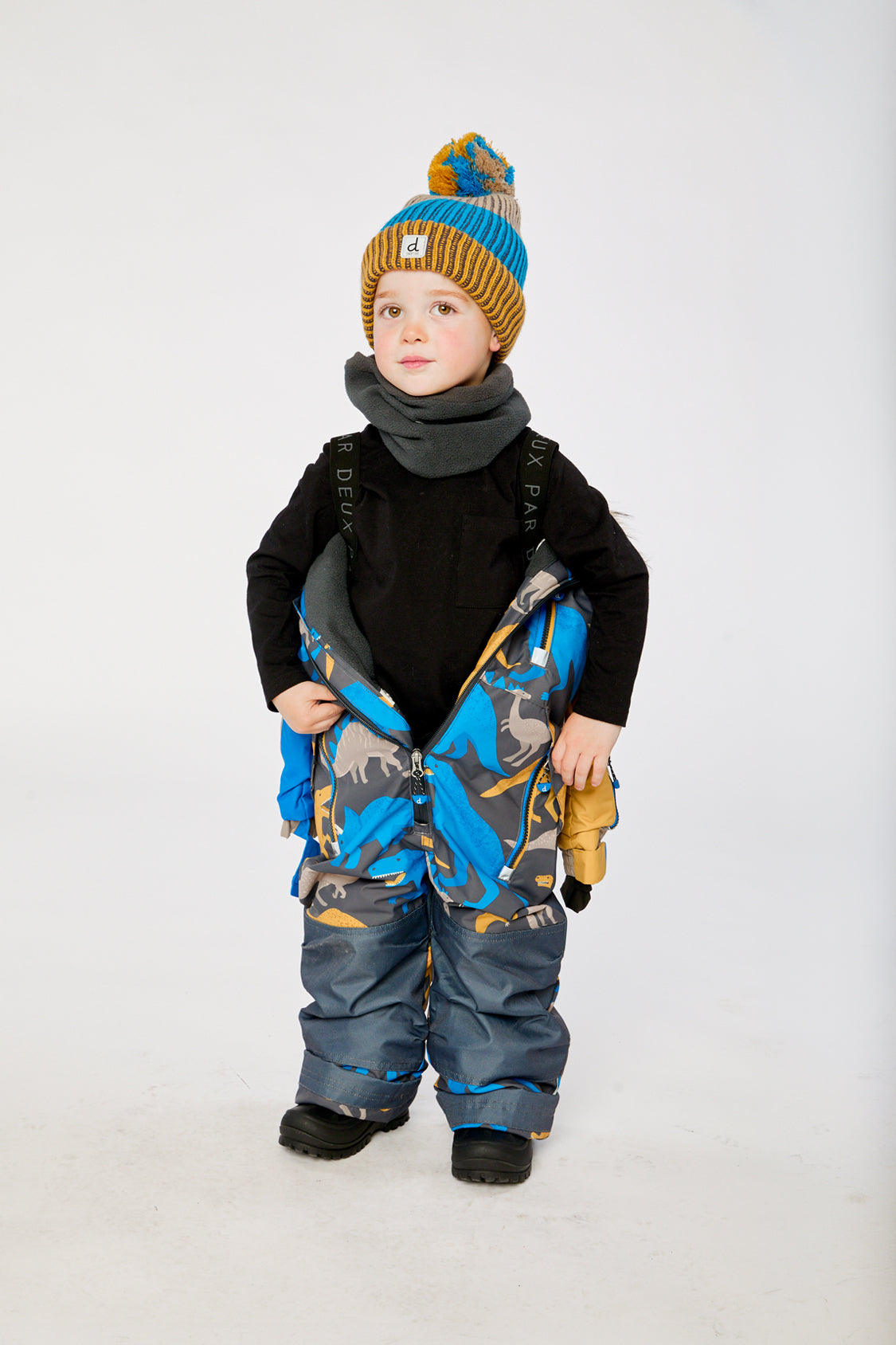 Kids One Piece Play Snowsuit Grey And Blue Dinosaur Print