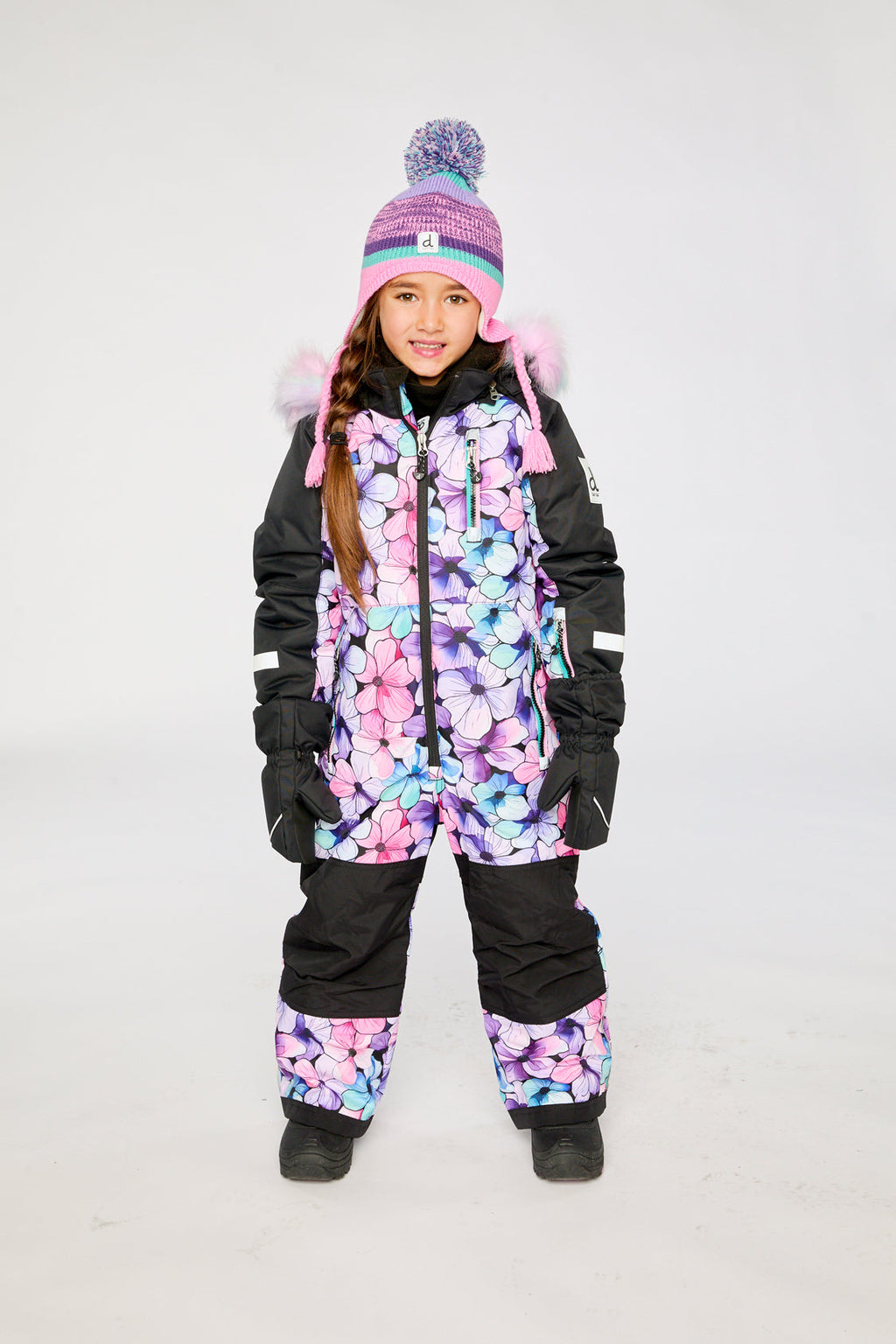 Kids One Piece Play Snowsuit Purple Floral Print