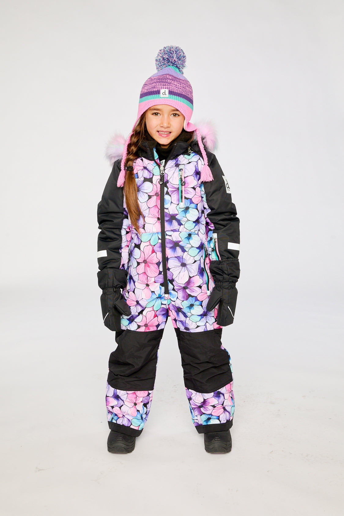 Kids One Piece Play Snowsuit Purple Floral Print