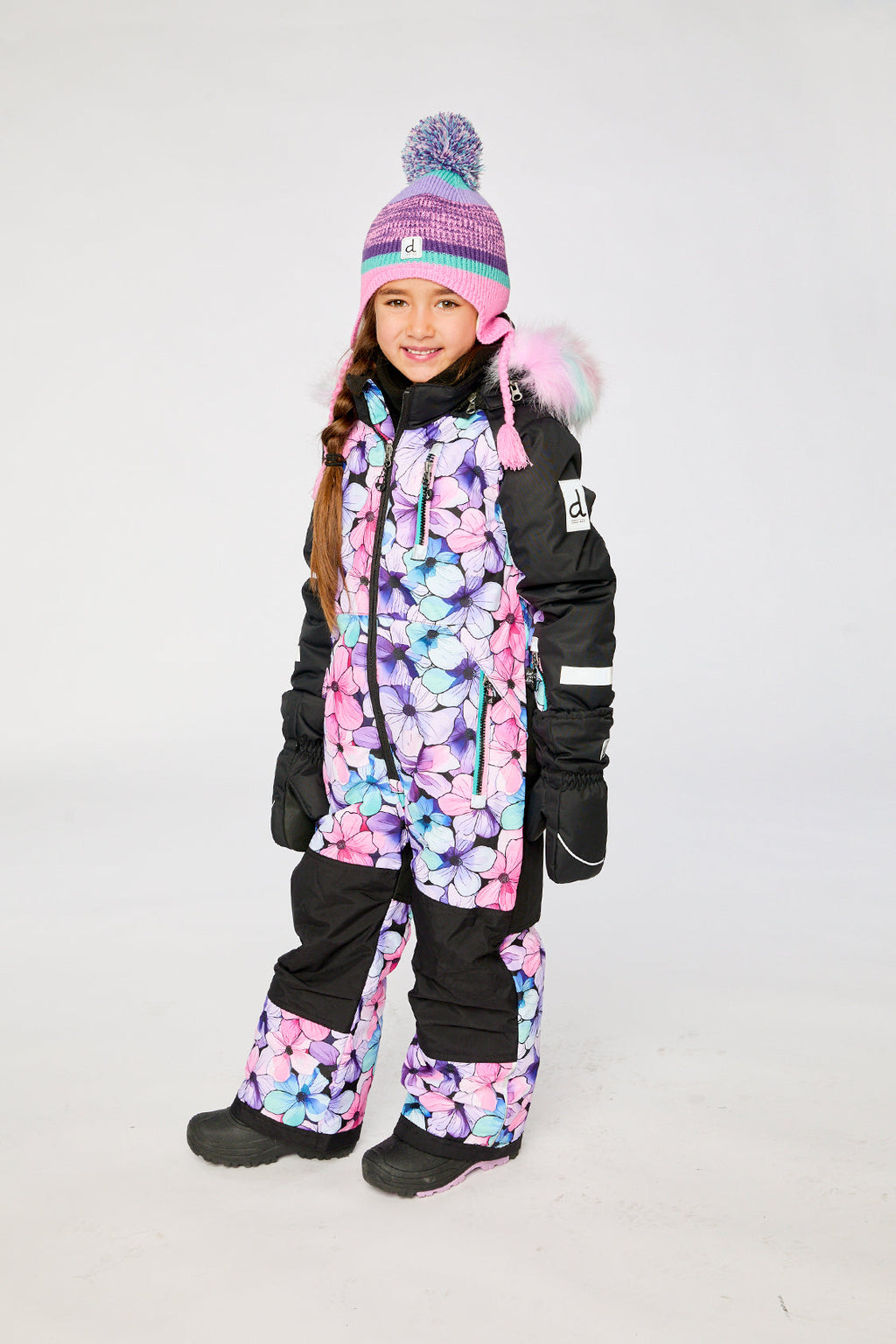 Kids One Piece Play Snowsuit Purple Floral Print