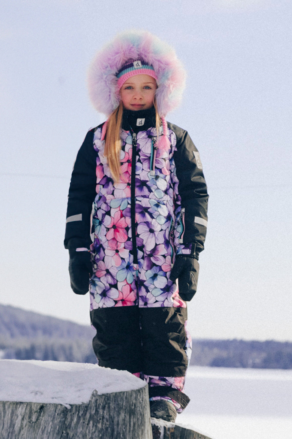 Kids One Piece Play Snowsuit Purple Floral Print