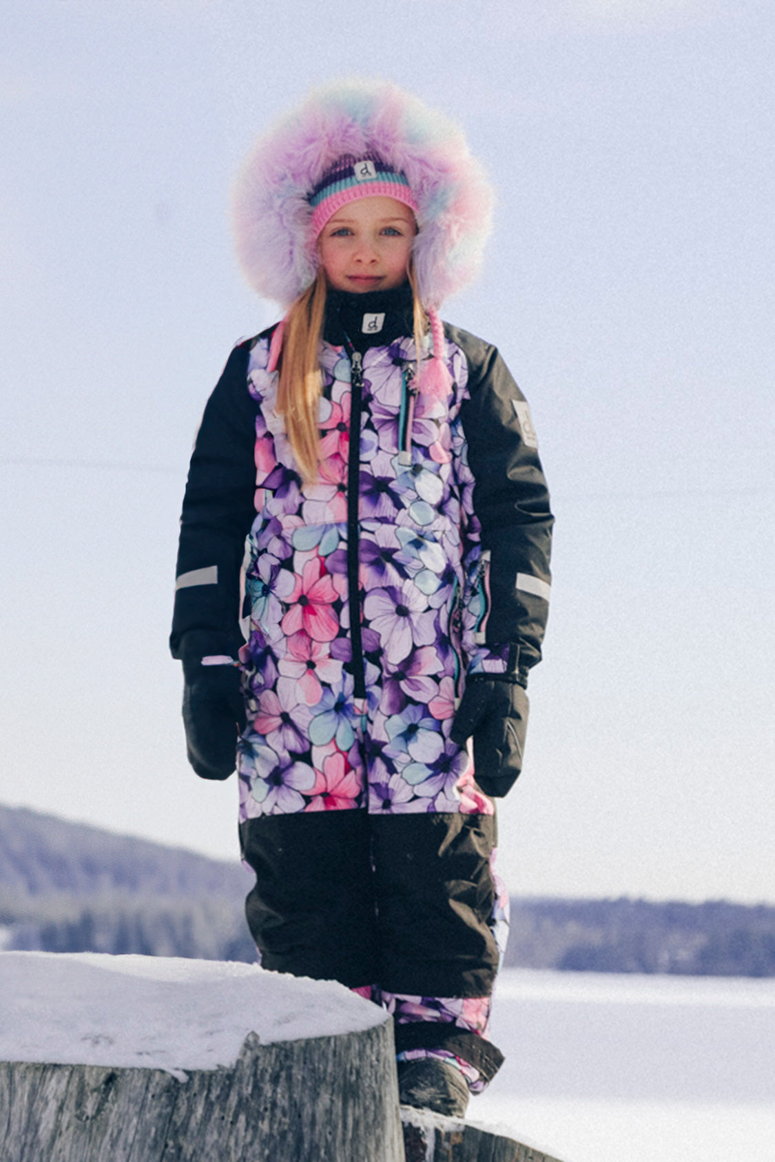 Kids One Piece Play Snowsuit Purple Floral Print