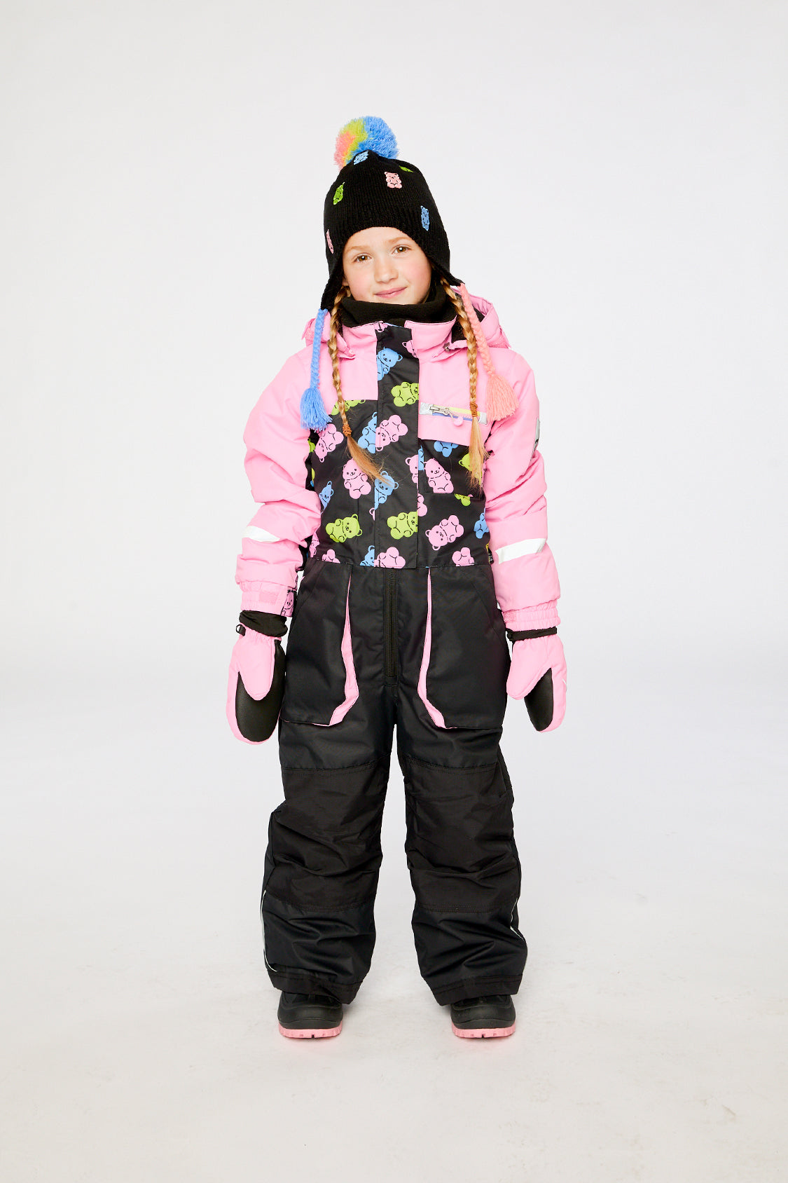 Kids One Piece Play Snowsuit Pink And Black Gummy Bear Print