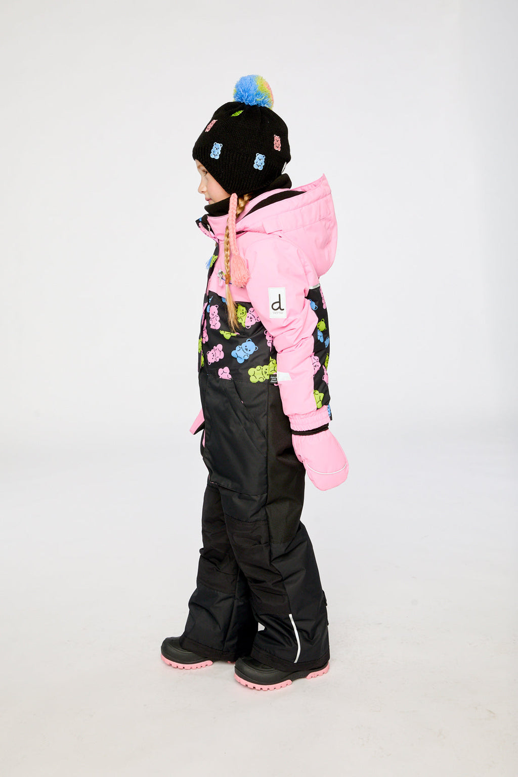 Kids One Piece Play Snowsuit Pink And Black Gummy Bear Print