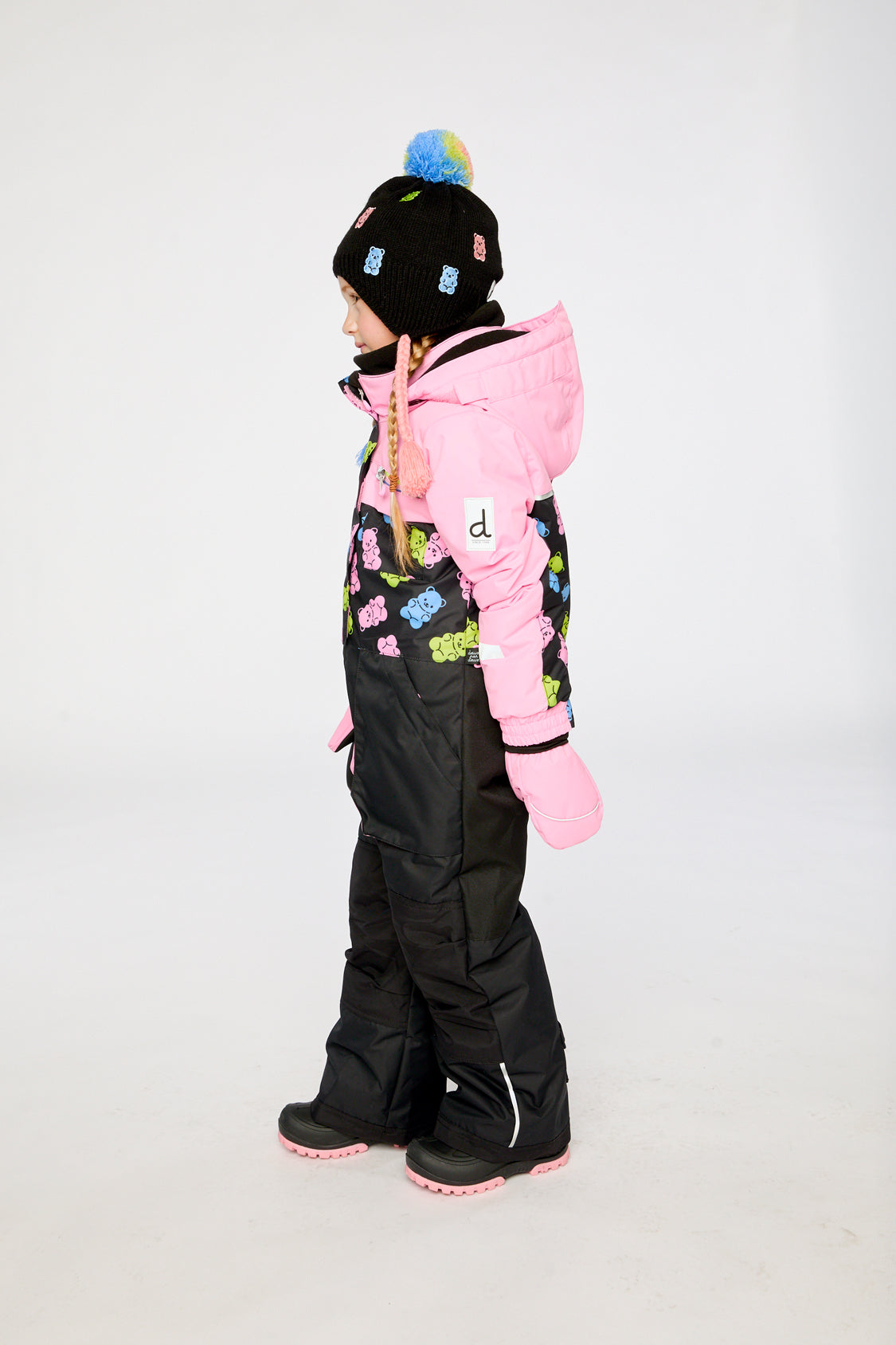 Kids One Piece Play Snowsuit Pink And Black Gummy Bear Print