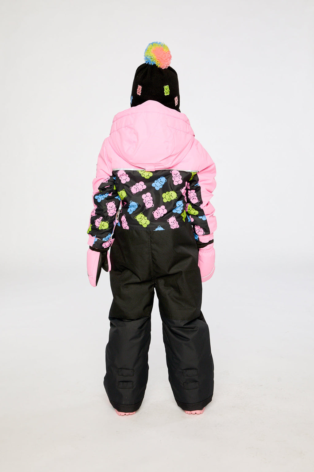 Kids One Piece Play Snowsuit Pink And Black Gummy Bear Print