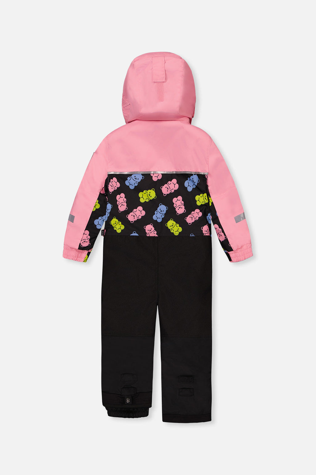 Kids One Piece Play Snowsuit Pink And Black Gummy Bear Print