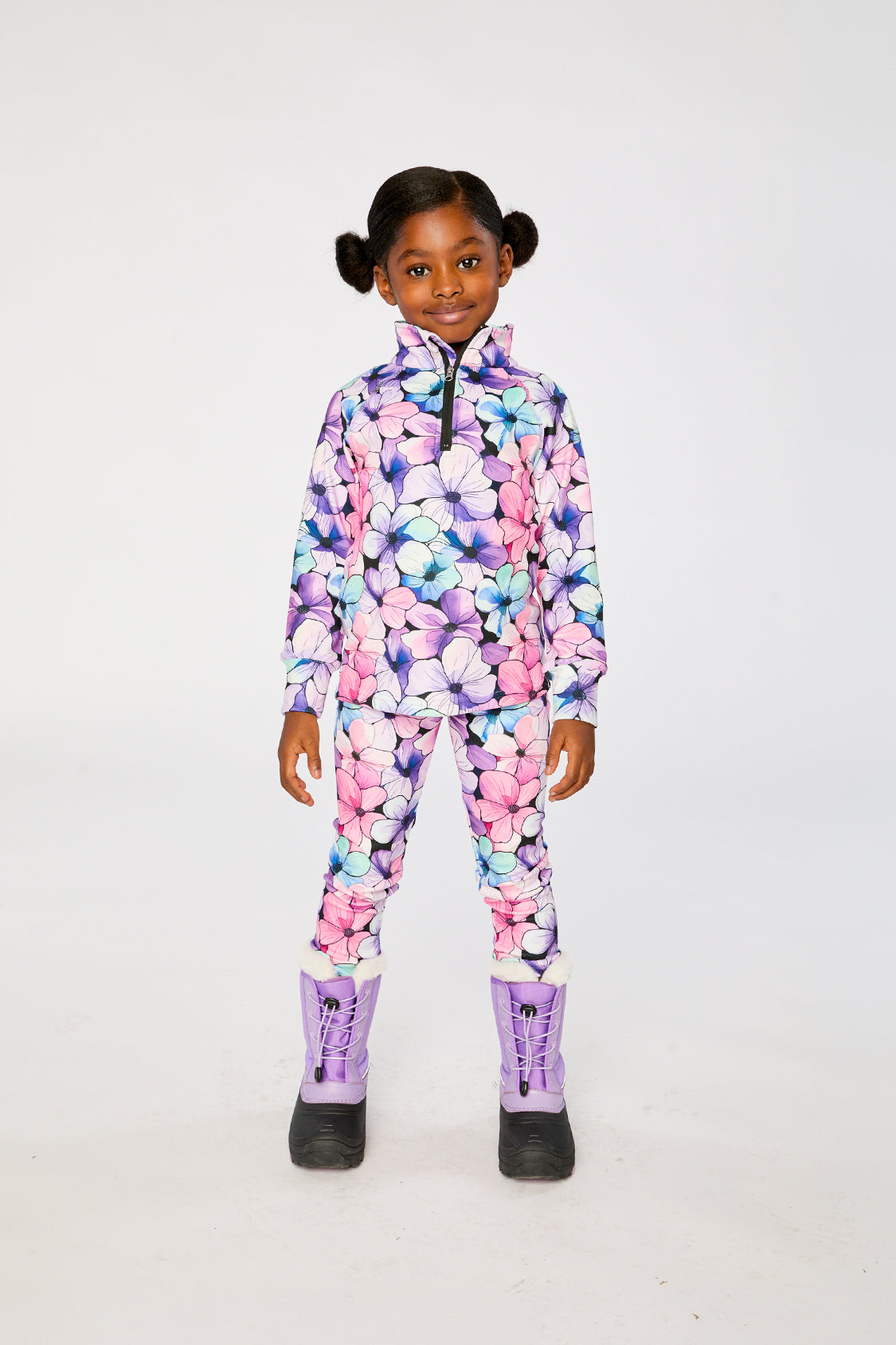 Two Piece Thermal Underwear Purple Floral Print