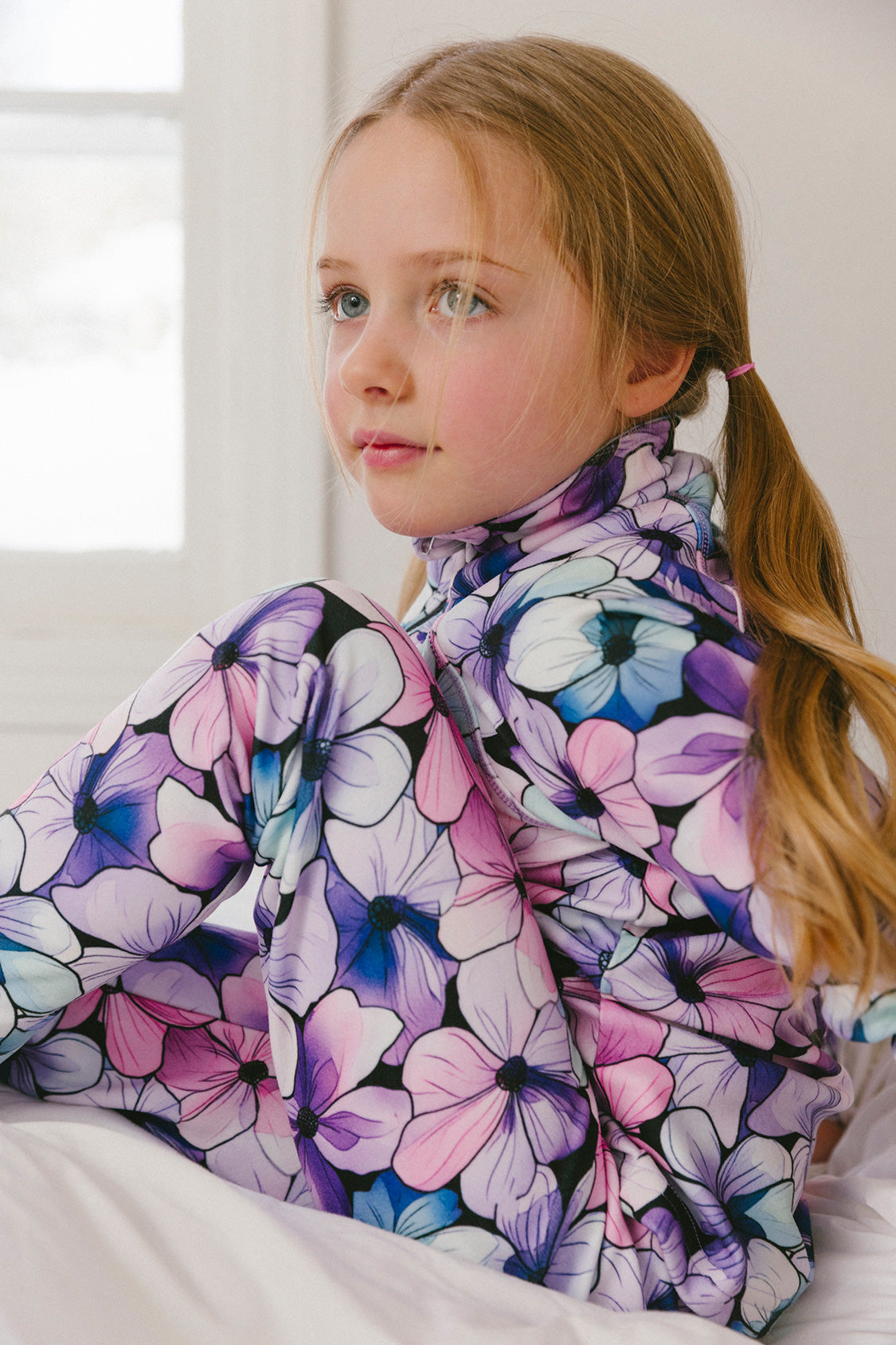 Two Piece Thermal Underwear Purple Floral Print