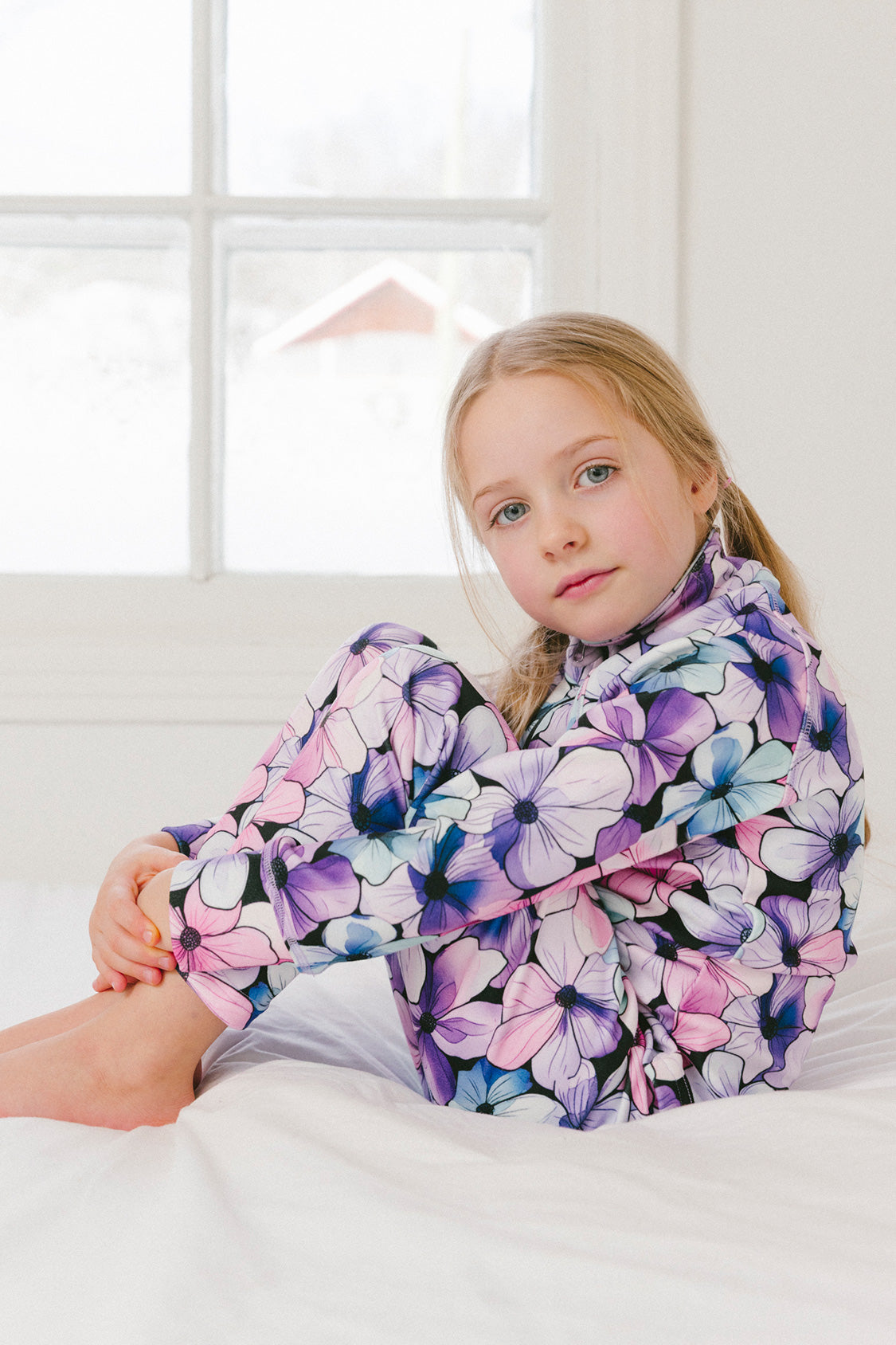 Two Piece Thermal Underwear Purple Floral Print