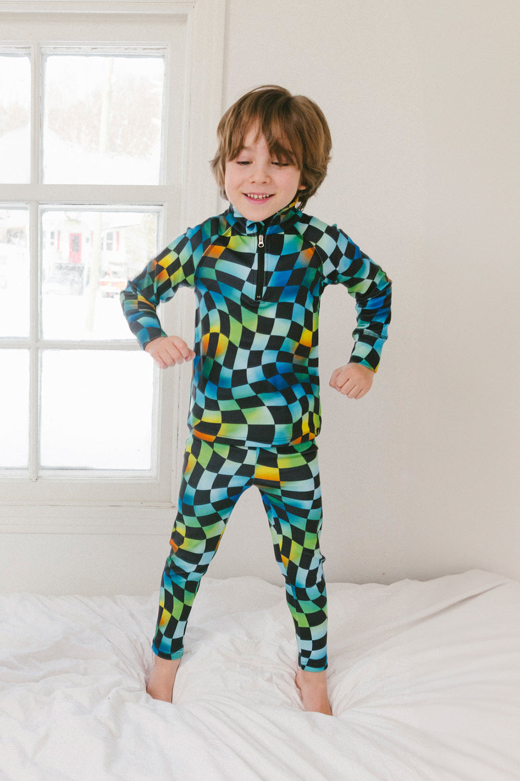 Two Piece Thermal Underwear Blue Checkered Print