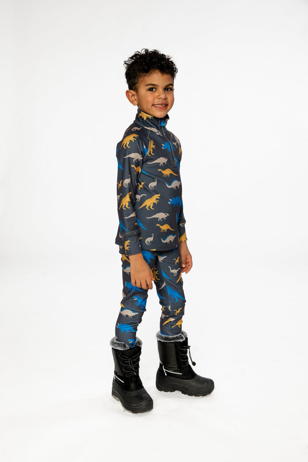 Two Piece Thermal Underwear Grey And Blue Dinosaur Print