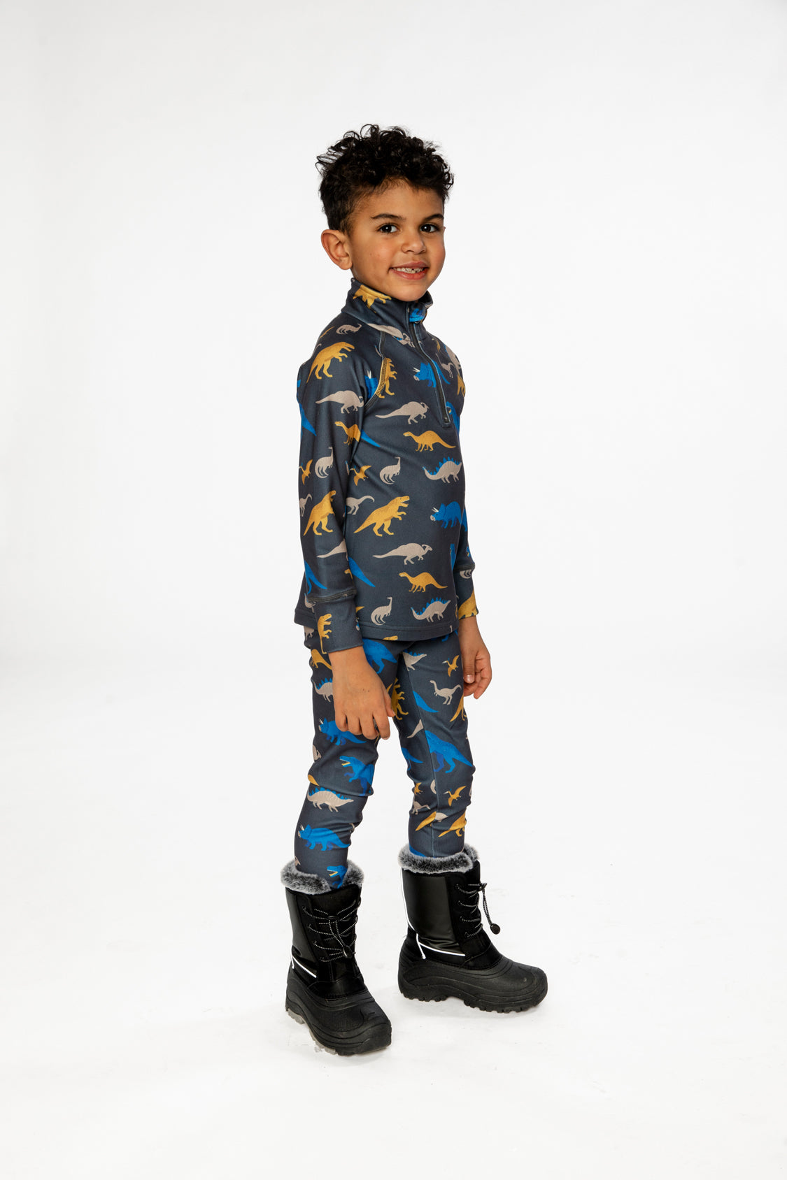 Two Piece Thermal Underwear Grey And Blue Dinosaur Print
