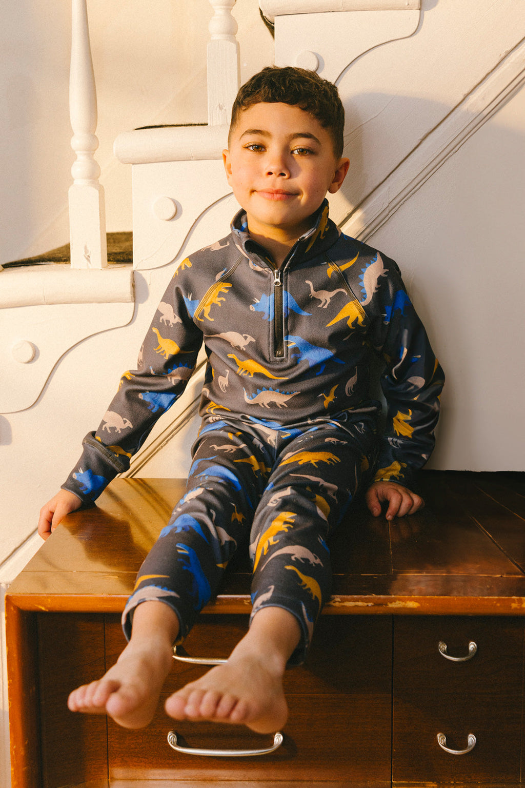 Two Piece Thermal Underwear Grey And Blue Dinosaur Print