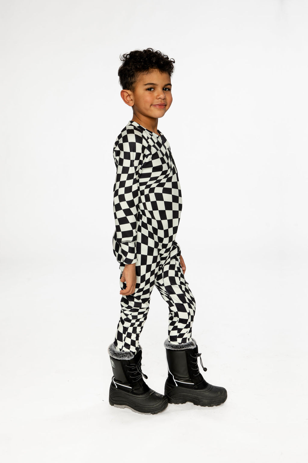 One Piece Thermal Underwear White Checkered Print