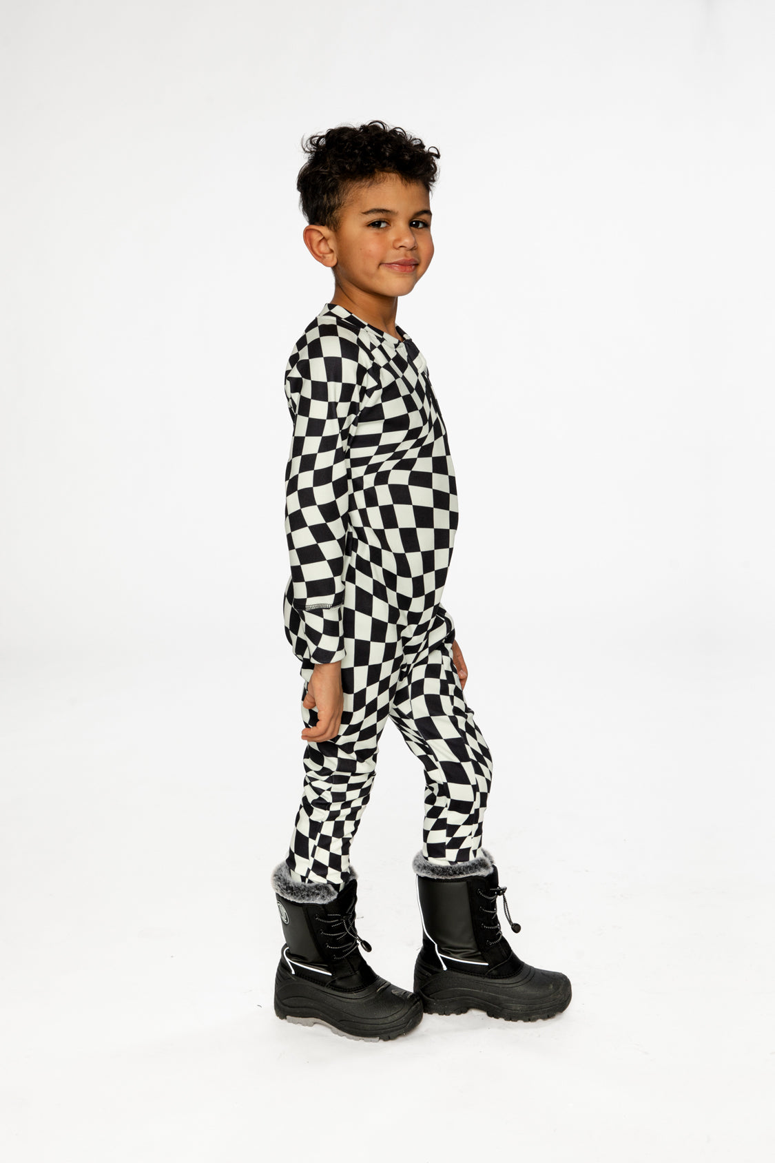 One Piece Thermal Underwear White Checkered Print