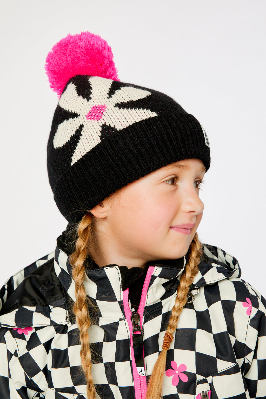 Winter Knit Hat With Pompom Black, White And Pink